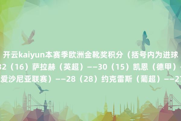 开云kaiyun本赛季欧洲金靴奖积分（括号内为进球）：莱万（西甲）——32（16）萨拉赫（英超）——30（15）凯恩（德甲）——28（14）A-塔姆（爱沙尼亚联赛）——28（28）约克雷斯（葡超）——27（18）马尔穆什（德甲）——26（13）哈兰德（英超）——26（13）R-拉米雷斯（拉脱维亚联赛）——25（25）雷特吉（意甲）——24（12）克勒特斯卡罗（法罗群岛联赛）——23（23）-kai
